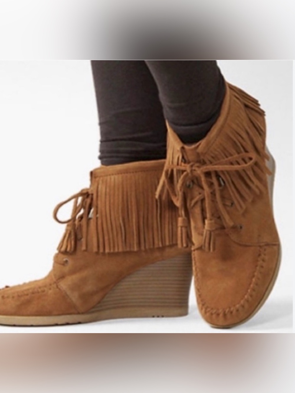 Minnetonka Brown Suede Fringe Lace-Up Wedge Moccasin Boots Size 7.5